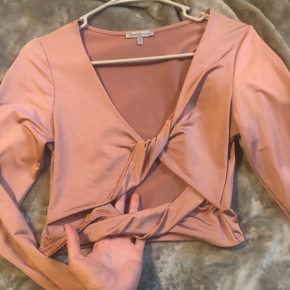long sleeve, blush, crop-top with keyhole front